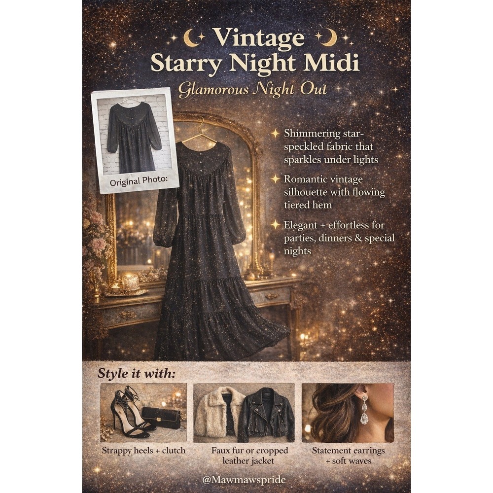 RARE Vintage Starry Night Shimmer Midi Dress  Sparkle Tiered Size 18 USA